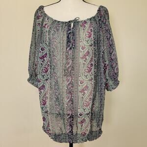 NWT Saint Tropez West 1X Round Tie Neck Smocked Sheer Blouse Top